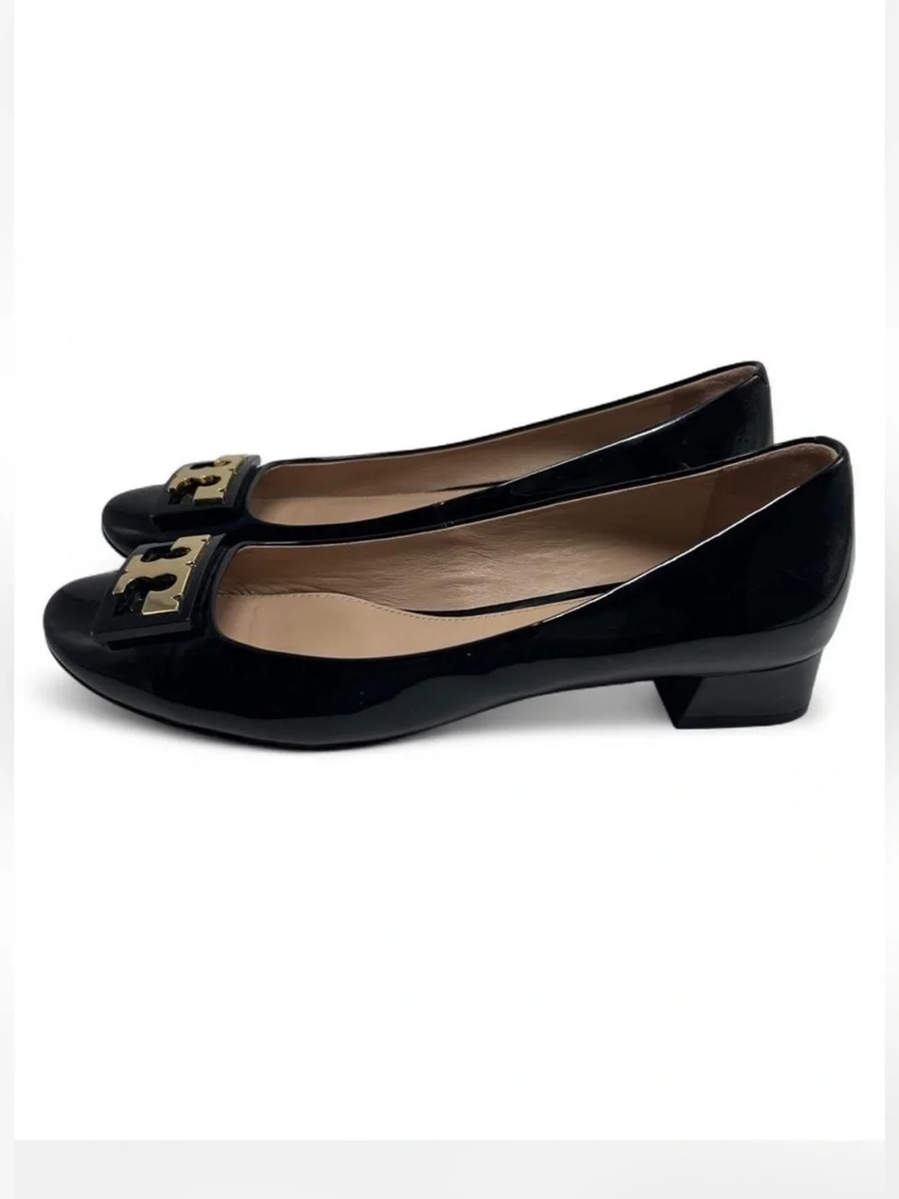 Tory Burch Gigi Pumps, glossy black patent leather, classic round toe, 